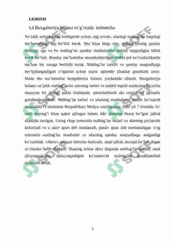 Turli mulkchilik shaklidagi dorixona tashkilotlarida buxgalterya balansi 2