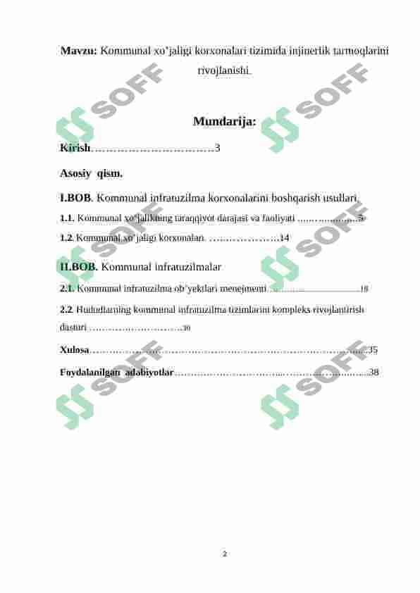 Kommunal xo’jaligi korxonalari tizimida injinerlik tarmoqlarini rivojlanishi. 2