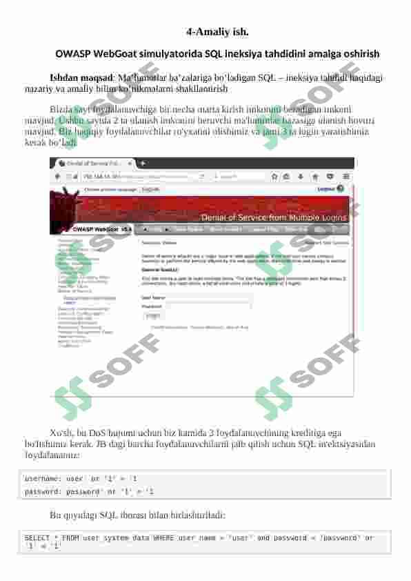 OWASP WebGoat simulyatorida SQL ineksiya tahdidini amalga oshirish 2