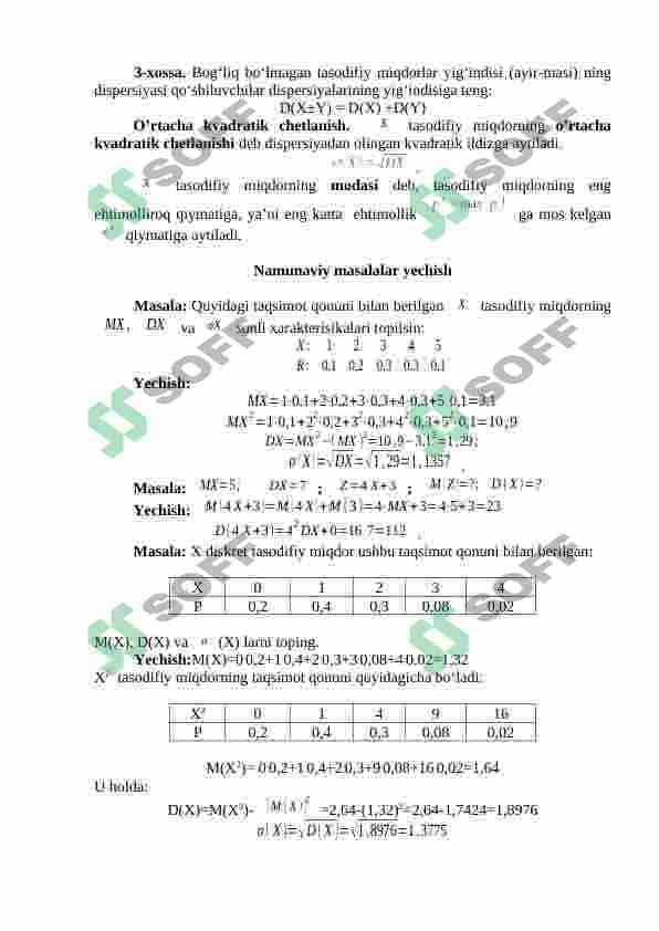 Deskret tasodifiy miqdorlarning sonli xarakteristikalari 2