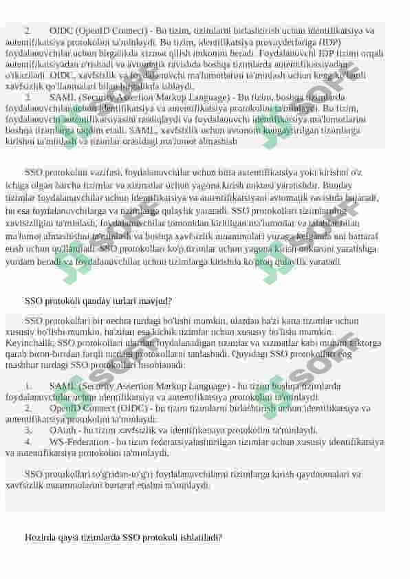 Yagona foydalanish tizimni amalda qo‘llash. SSO protokollarini ishlash jarayoni bilan tanishib chiqish va tahlillash. Foydalanishlarni boshqarish formal modellarining grafik tahlilini amalga oshirish 3