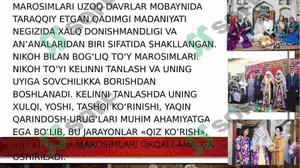 Oilaviy maishiy marosimlar: To'y marosimlari-nikoh to'yi,to'ylarni o'tkazish bilan bog'liq bo'lgan an'ana hamda marosimlar. 3