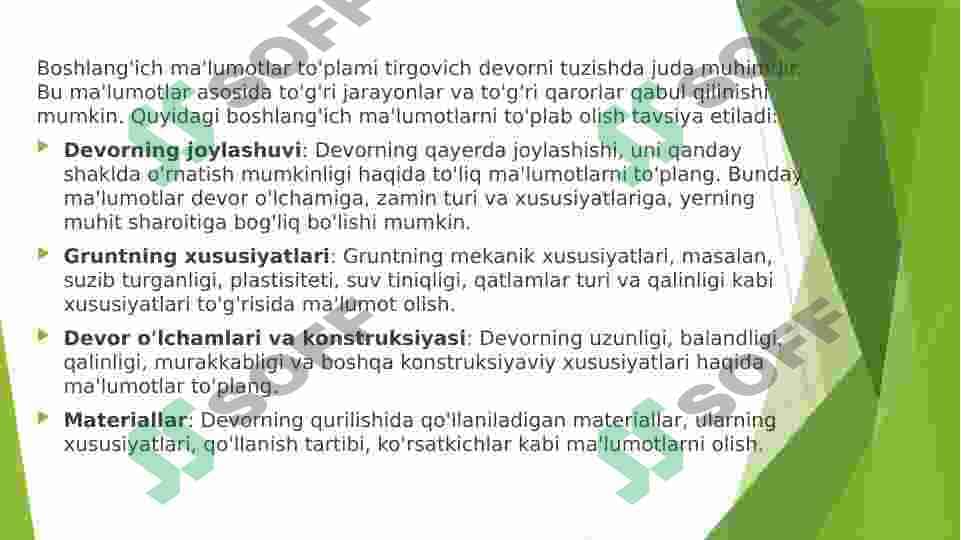 Tirgovich devorlarga nisbatan grunt bosimini analitik usul yordamida aniqlash (Kulon qonuni). 3
