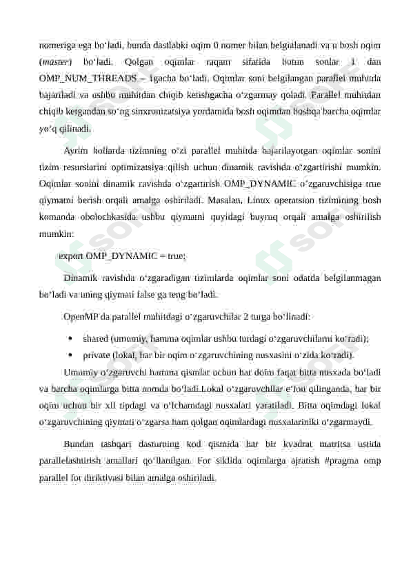 Ma’lumotlarga parallel ishlov berishda umumiy xotirali parallel hisoblash tizimlarida yechiladigan masalalar. Umumiy xotirali tizimlar uchun OpenMP kutubxonasi foydalib parallel dasturlash 3