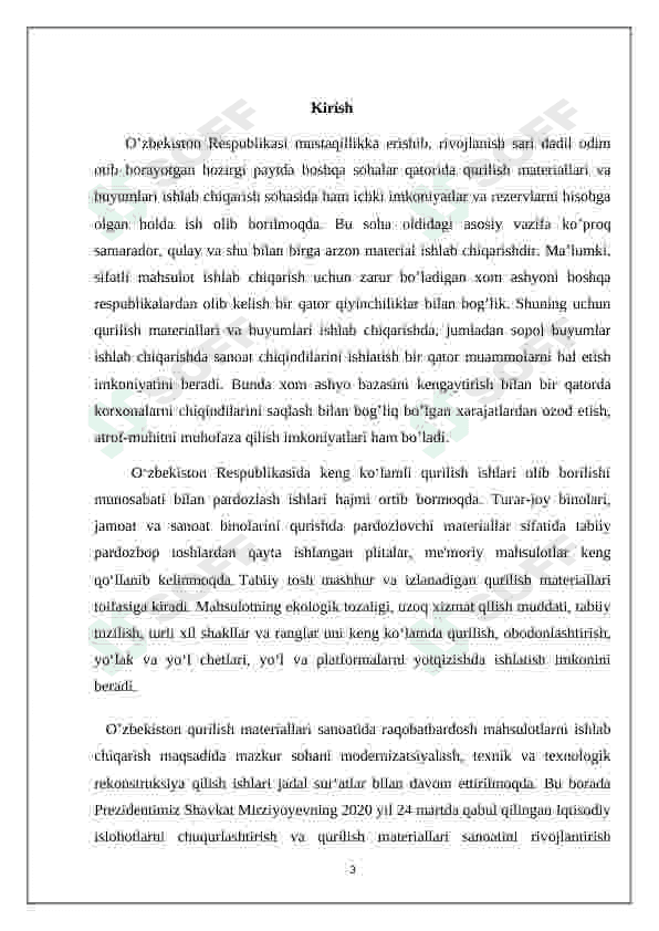 Yillik unumdorligi 500ming m3 bo’lgan quruq qurilish qorishmalari  ishlab chiqarish texnalogiyasini loyihalash. 3