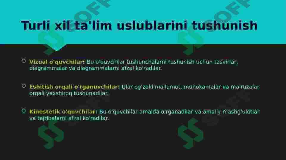 Samarali o’qitishning qiziqtiruvchi va interfaol usullari, hamda ulardan foydalanishni o’rganadi. O’quvchilar bilimini nazorat qilish usullari va ularni takomillashtirish metodikasi 2 3