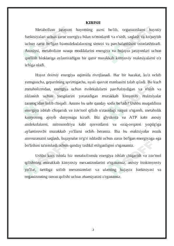 Metabolizm jarayonida energiya hosil bo'lishi va sarflanishi 3