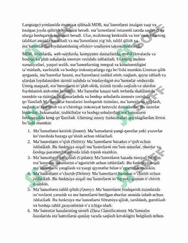 MA’LUMOTLAR BAZASI VA ULARNI BOSHQARISH TIZIMLARI  BILAN ISHLASHNI URGANISH 3