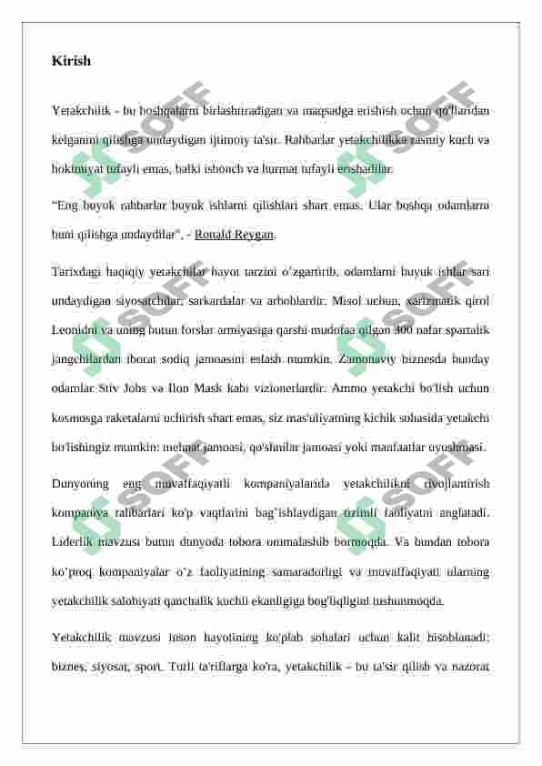 “YETAKCHILIKNI RIVOJLANTIRISH” FANIGA KIRISH,Referat 3