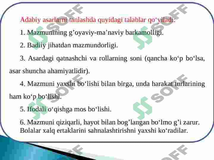Badiiy asarlarni sahnalashtirish turlari va uni qo'yib ko'rsatish texnologiyasi 3