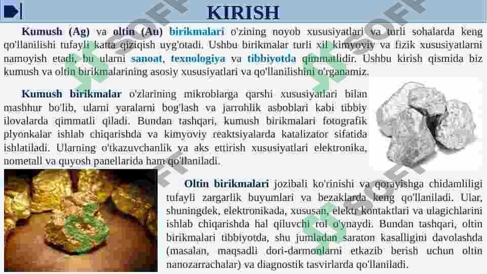 KUMUSH [Ag] va OLTIN [Au] birikmalari va ularning hossalari 3