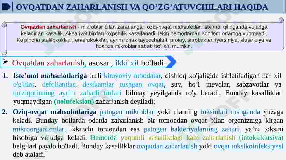 OVQATDAN ZAHARLANISH YUQUMLI KASALLIK QO’ZG’ATUVCHILARI. SALMONELLEZ VA BOTULIZM KASALLIK QO’ZG’ATUVCHILARI LABARATOR TASHXISI. 3