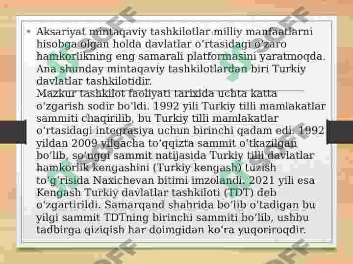 O'zbekiston turkiy davlatlar tashkiloti bilan hamkorligi to'g'risida 3