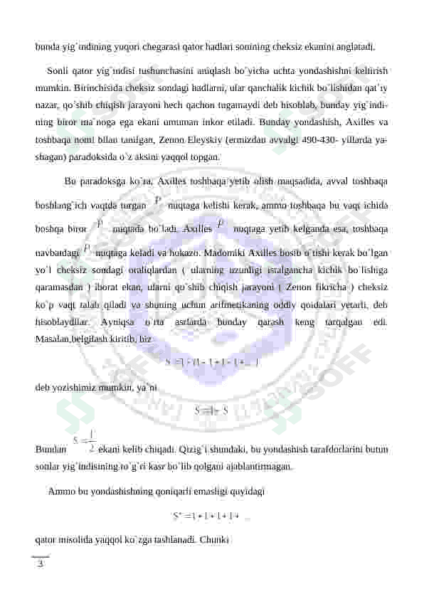 Sonli qator tushunchasi, uning yaqinlashishi va uzoqlashishi. Yaqinlashuvchi qatorlarning xossalari 3