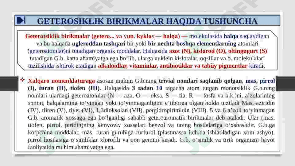GETEROXALQALI BIRIKMALAR ASOSIDA ISHLAB CHIQARILADIGAN ZAMONAVIY DORI VOSITALARI. DORIVOR PREPARATLAR TARKIBIDAGI YETTI A'ZOTLI  BIRIKMALAR 3