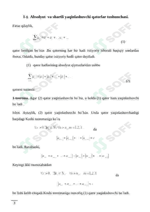 Absolyut yaqinlashuvchi qatorlarning xossalari. Shartli yaqinlashuvchi qatorlar. Riman teoremasi 3