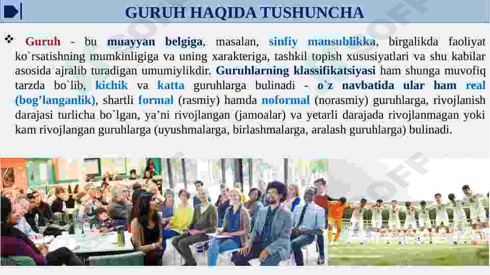 JAMOA VA GURUH TUSHUNCHALARI. KICHIK GURUHLAR KLASSIFIKATSIYASI. GURUHDA O’ZARO MOSLIK VA PSIXOLOGIK MUHIT. 3