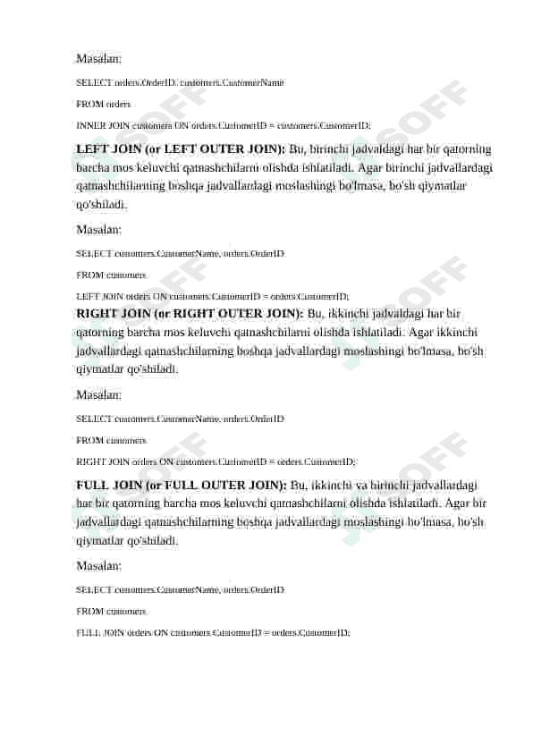 Murakkab so‘rovlar yaratish. Bir nechta jadvallar birlashtirish, «JOIN» lar bilan ishlash. ma`lumotlar bazasi 3