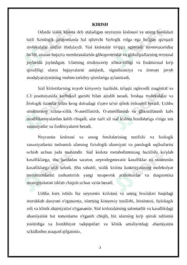 Neyramin kislota va uning xosilalarining tuzulishi va biologik xossalari.Sial kislotalar 3