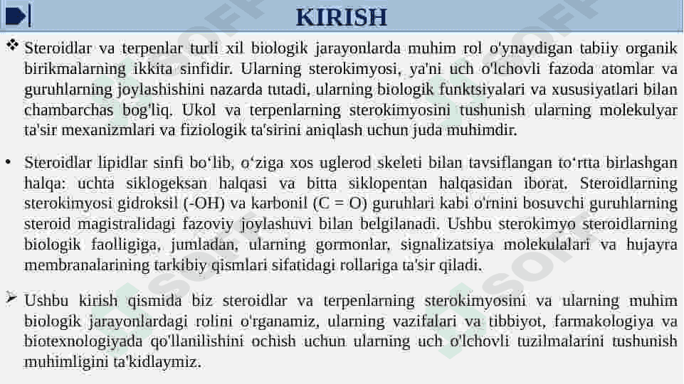 STEROIDLAR VA TERPENLARNING STEROKIMYOSI HAMDA ULAR ISHTIROKIDAGI MUHIM BIOLOGIK JARAYONLAR. 3