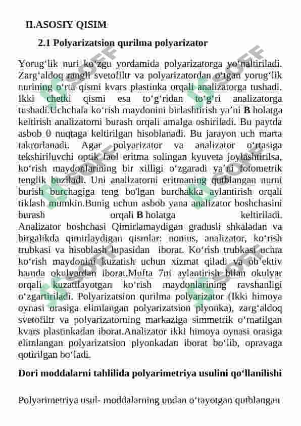 Polyarimetrik usulda dori vositasining qutblangan nurni burish burchagini aniqlash 3