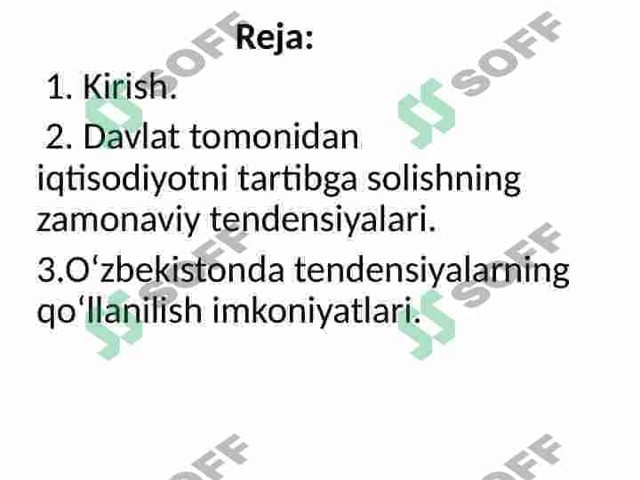 Davlat tomonidan iqtisodiyotni tartibga solishning zamonaviy tendensiyalari va ularning Oʻzbekistonda qoʻllanilish imkoniyatlari. 3