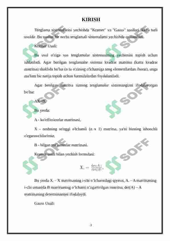 Chiziqli tenglamalar sistemasini yechishning Kramer, Gauss va matritsalar usuli 3