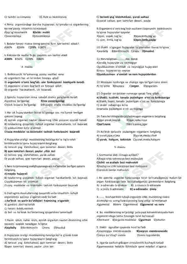 Biologiya fanidan mavzulashtirilgan testlar 3