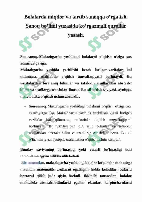 Bolalarda miqdor va tartib sanoqqa o‘rgatish. Sanoq bo’limi yuzasida ko’rgazmali qurollar yasash 3