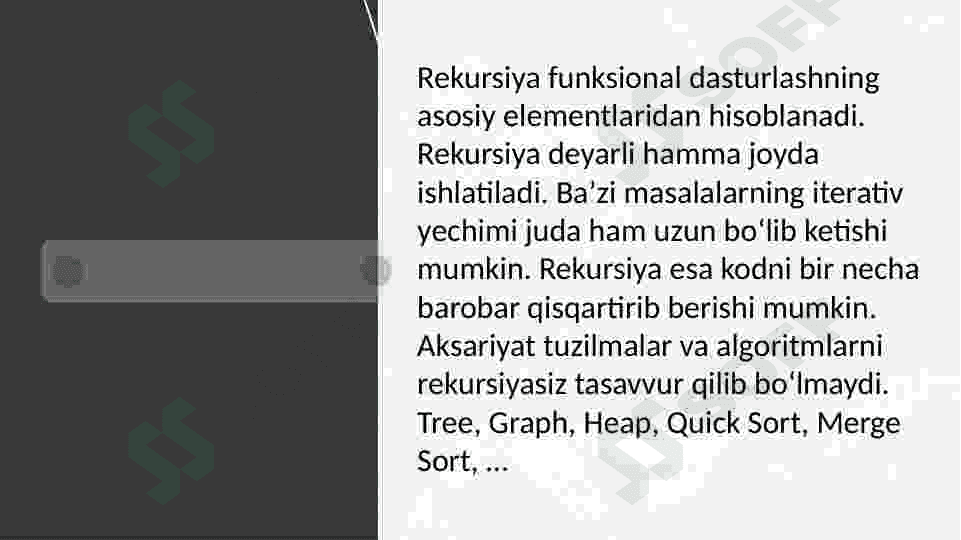 Rekursiv algoritmlar, ularning tahlili. Rekursiyaga doir misollar 3