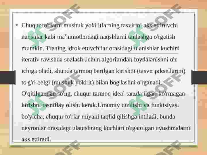 Neyron tarmoqlar ma’lumotlarni tahlil qilishning zamonaviy vositasi sifatida.Prinsip neyron tarmoqlarning harakatlari. 3