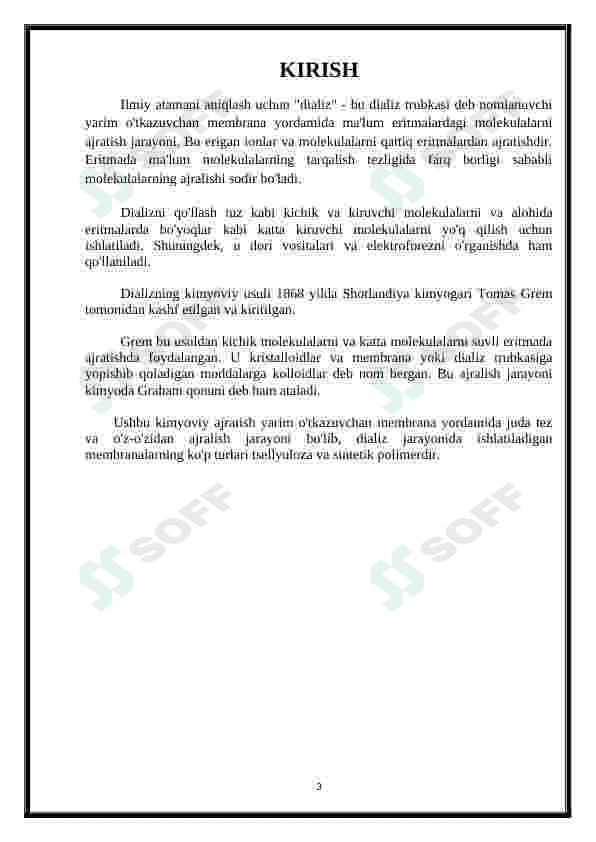 Kolloid sistemalarni dializ yo’li bilan tozalash. Gemodializni o’tkazishda kimyoning ahamiyati 3