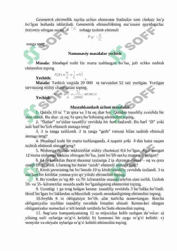Elementar hodisalar fazosi. Tasodifiy hodisalar ustida amallar. Ehtimollikning ta’riflari 3