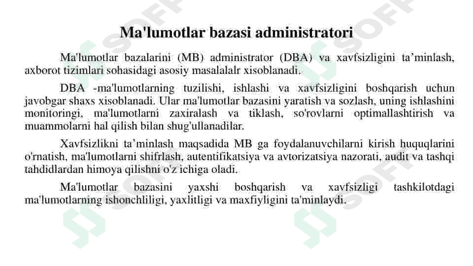 Ma’lumotlar bazasini administratorlash va xavfsizligini ta‘minlash. 3
