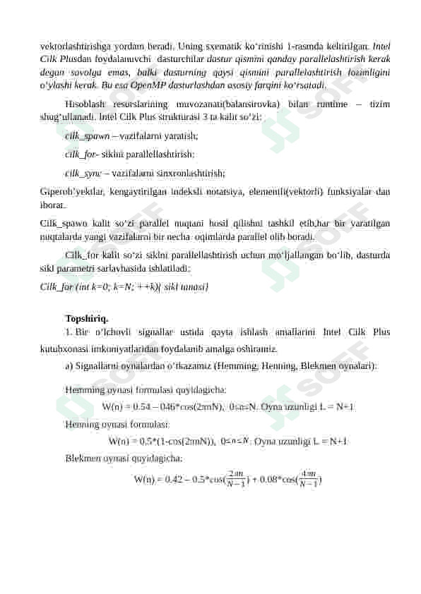 Parallel hisoblash tizimlarining apparat ta’minoti. Ko‘pyadroli va ko‘pprotsessorli parallel hisoblash tizimlarining arxitekturasi. Intel Cilk Plus parallellashtirish kutubxonasi 3