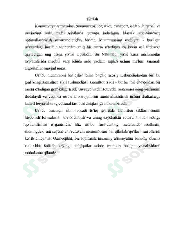 To'la grafda Gamilton sikllari sonini hisoblash formulasi. Kommivoyajer masalasi 3