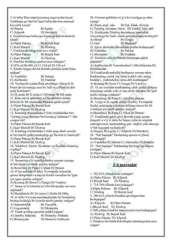 Jahon tarixi fanidan mavzulashtirilgan testlar / 7-sinf 3