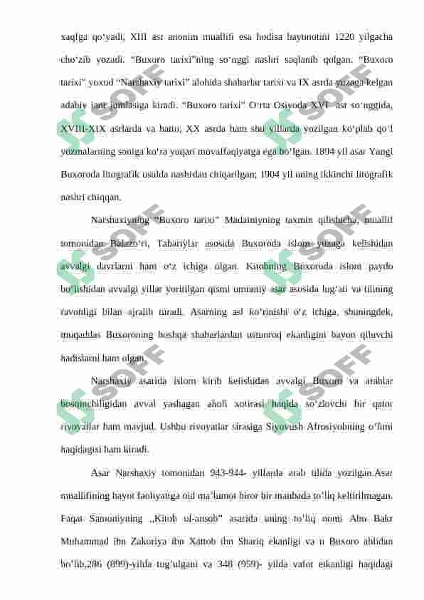 Somoniylar davri tarixini o’rganishda Narshaxiyning “Buxoro tarixi” asarining o’rni 3