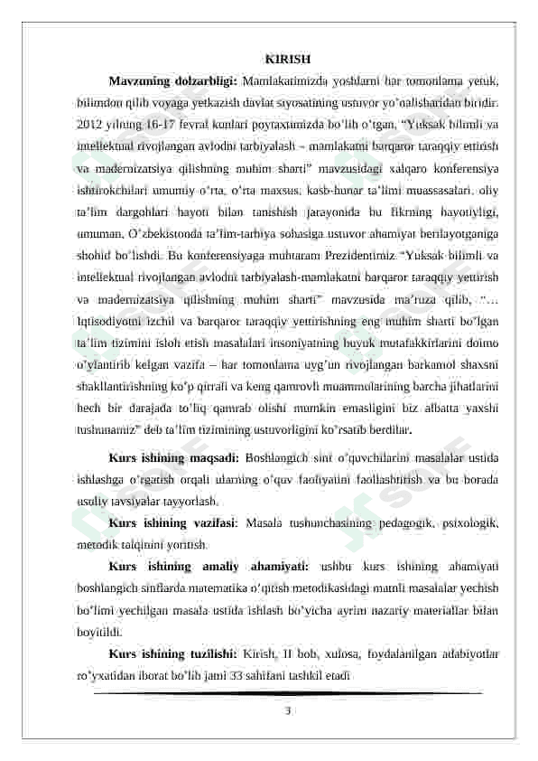 Boshlang'ich sinf matematika darsligidagi masalalar yechishning o'ziga xos xususiyati kurs ishi 3