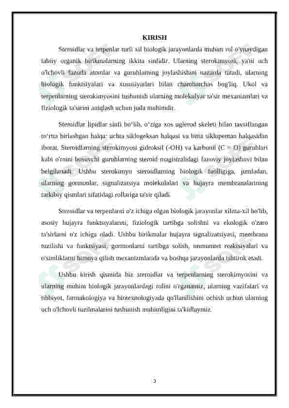 STEROIDLAR VA TERPENLARNING STEROKIMYOSI HAMDA ULAR ISHTIROKIDAGI MUHIM BIOLOGIK JARAYONLAR. 3