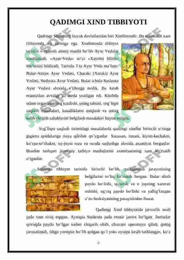 Qadimgi xind tibbiy risolalarida Qadimgi Xind tibbiyoti masalalarining yoritilishi. Qadimgi Xitoyda tibbiyot va uning o`ziga xos tomonlari 3