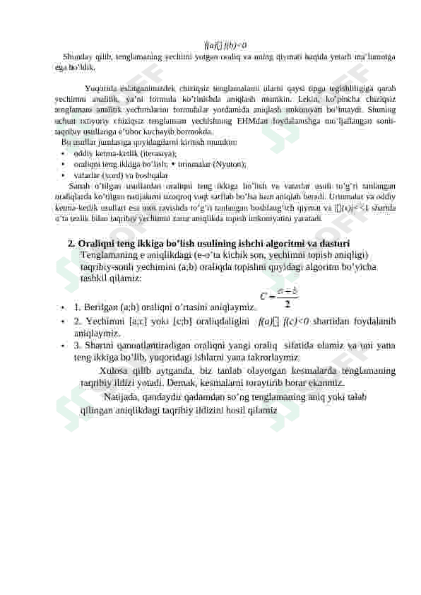 Algebraik va transtendent tenglamalarni taqribiy yechish usullarini yaqinlashish tezligi bo’yicha baholash. 3