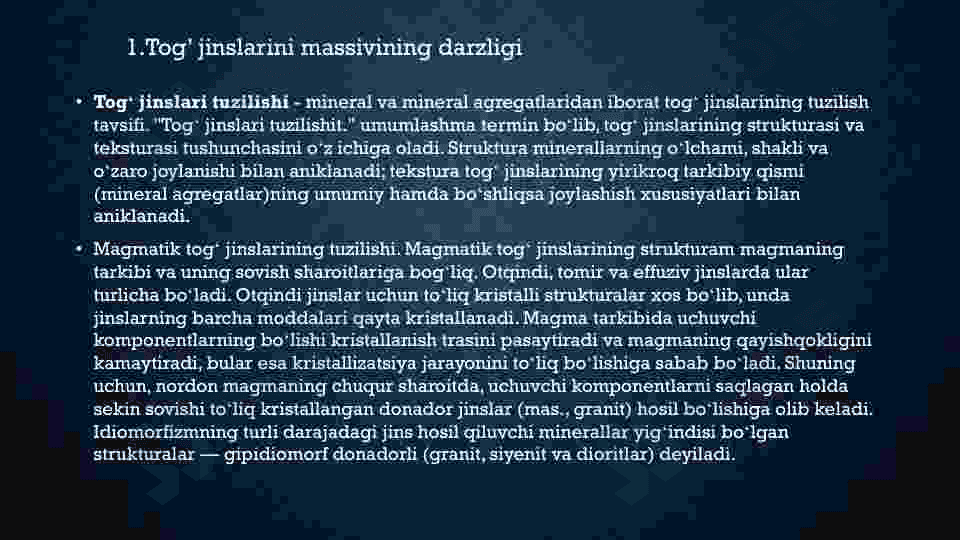 TOG‘ JINSLARI MASSIVINING DARZLIGI VA ULARNING TASNIFI. GRUNTLAR TARKIBIDAGI SUV TURLARI 3