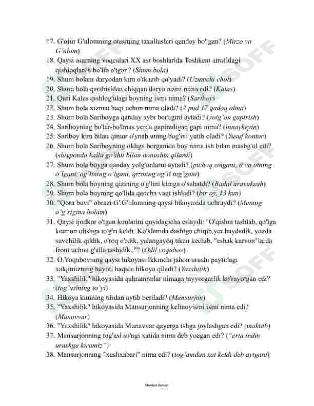 6-sinf adabiyot darsligi yuzasidan savollar to'plami (javoblari bilan) 3