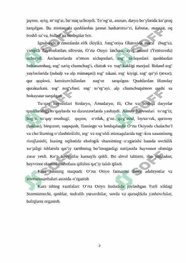 O’rta Osiyo tekisliklari, suv havzalari va tog’li hududlarida yashovchi umurtqali hayvonlar 3