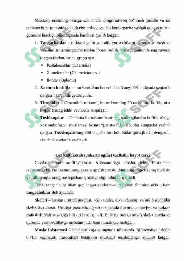 Sudralib yuruvchilar sinfi. Ildam kaltakesakning tashqi tuzilishi va skeleti 3
