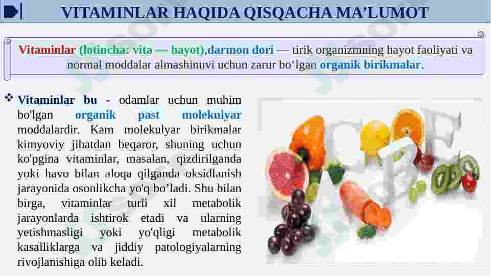 Nasliy avitaminozlar. Tabiy va sun'iy vitaminlarni metabolizmi va ekskretsiyalanishi 3