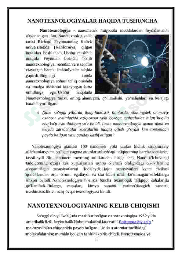Nanotexnologiyalar haqida umumiy ma’lumot berish.Yaratilish va rivojlanish tarixini yoritish 3
