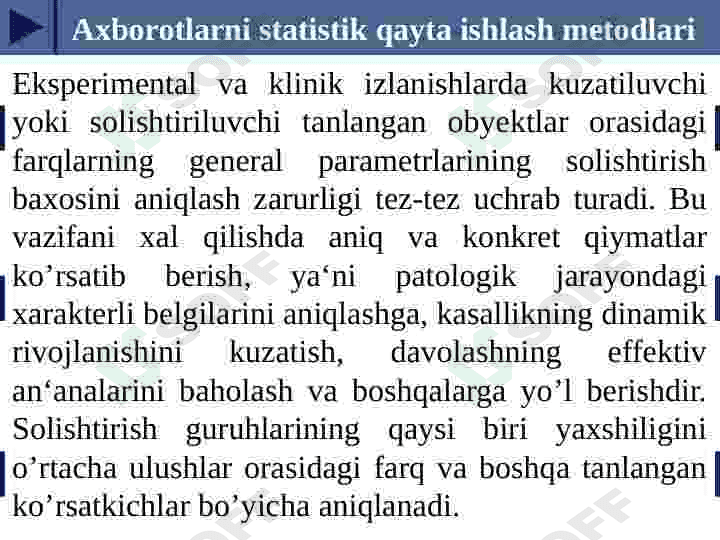 TIBBIY BIOLOGIK MASALANI YECHISH MISOLIDA MASALALARNI TASHKIL QILISH VA KIRITISH. MA’LUMOTLAR BAZASINI YARATISH VA ULARNI STATISTIK QAYTA ISHLASH. 3