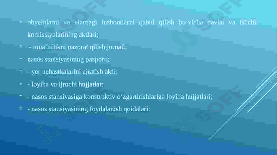 Yer osti suvlarini olish uchun mo‘ljallangan nasos stansiyalari. 3